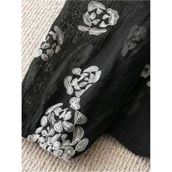 Women's Boho Peasant Blouses Floral Embroidered Tops Summer Sheer Tie Front Flow - Picture 4 of 5